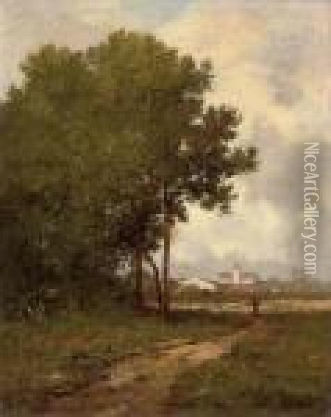 Walking On A Path At The Edge Of A Wood Oil Painting - Leon Richet