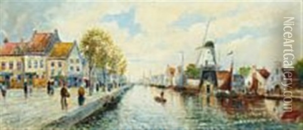 People Strolling In A Dutch Port City Oil Painting - Peter Veerkamp