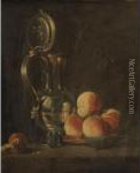 Still Life Of Fruits And A Silver Pitcher Oil Painting - Jean-Baptiste Monnoyer