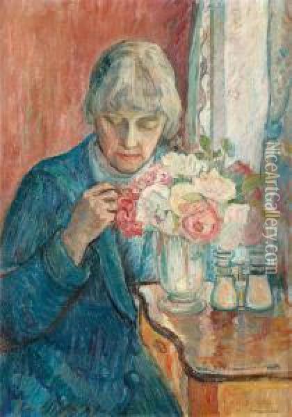 Kris Sewing / Lady By A Bouquet Ofroses Oil Painting - Oluf Wold-Torne
