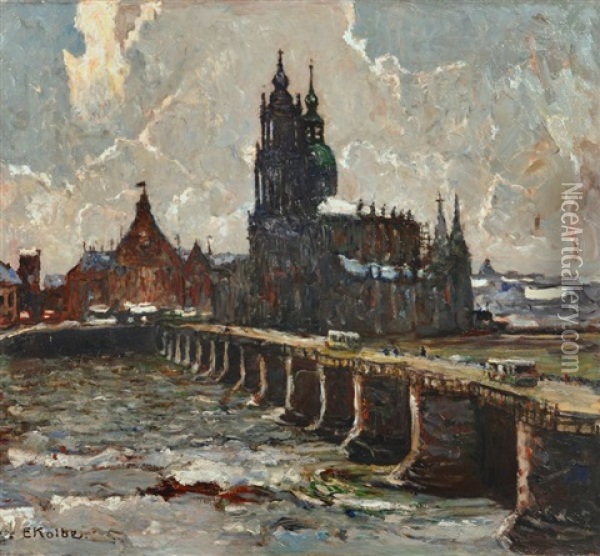 Dresden - Blick Auf Augustusbrucke Und Hofkirche Oil Painting - Ernst Kolbe