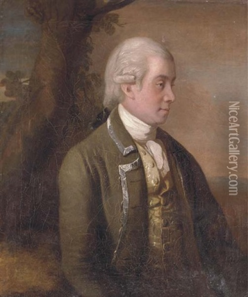 Portrait Of A Gentleman, Traditionally Identified As Robin Adair, Half-length, In A Brown Coat With Silver Trim, By A Tree In A Landscape Oil Painting - Joseph Wilson