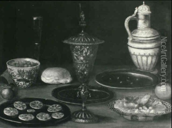 Still Life With A Covered Cup, Lemon Slices On A Pewter     Plate, Berries In A Blue And White Bowl And Other Objects Oil Painting - Osias Beert the Younger