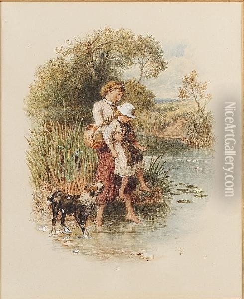 Fording The Stream Oil Painting - Myles Birket Foster