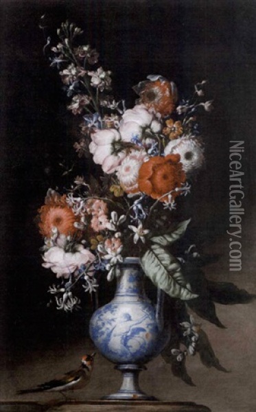 Chrysanthemums, Roses, Bluebells And Other Flowers In A Blue And White Vase On A Stone Ledge With A Greenfinch Oil Painting - Nicola Malinconico