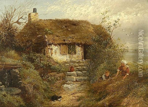 Children Tying Reeds Before A Cottage Oil Painting - Myles Birket Foster