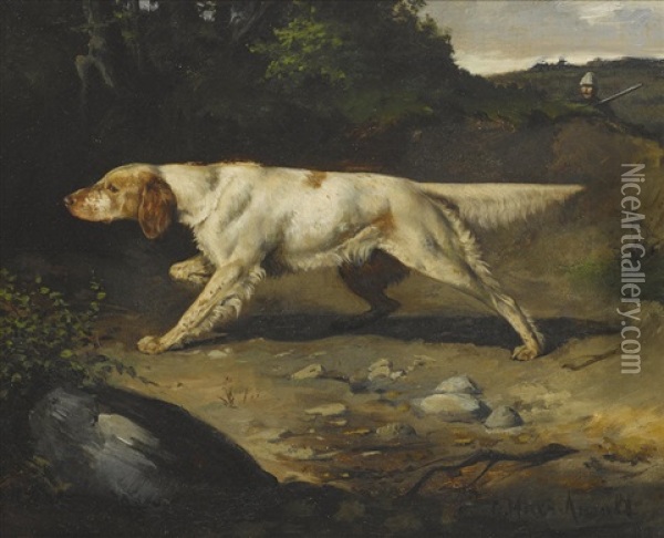 Setter On Point With Hunter In Background Oil Painting - Gustav Muss-Arnolt