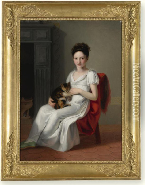 Portrait Of A Young Girl Holding Her Cat Oil Painting - Jeanne-Elisabeth Chaudet