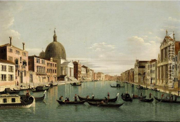 Venice, A View Of The Grand 
Canal Looking South West From The Chiesa Degli Scalzi To The Fondamenta 
Della Croce, With San Simeone Piccolo Oil Painting - (Giovanni Antonio Canal) Canaletto