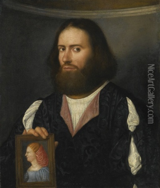 Portrait Of A Gentleman, Half Length, Holding A Portrait Of A Lady Oil Painting - Giovanni Cariani