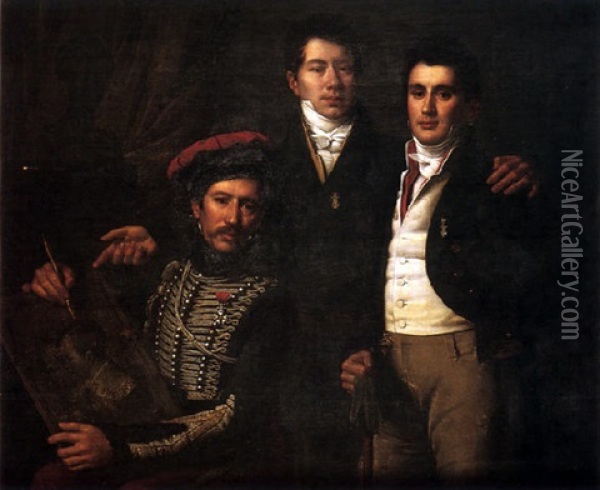 Portrait De Trois Jeunes Hommes Oil Painting - Heinrich Christoph Kolbe