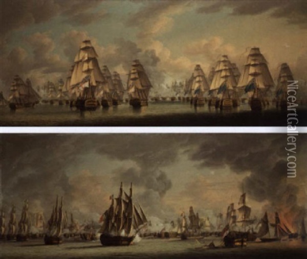 The Battle Of Trafalgar - The Two British Columns Going Into Action Oil Painting - Robert Dodd