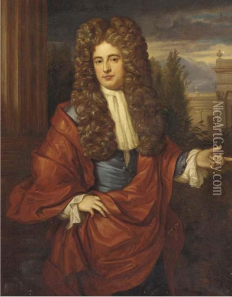 Portrait Of A Gentleman, 
Half-length, In A Blue Jacket And Red Cloak, With A Building Beyond Oil Painting - Sir Godfrey Kneller