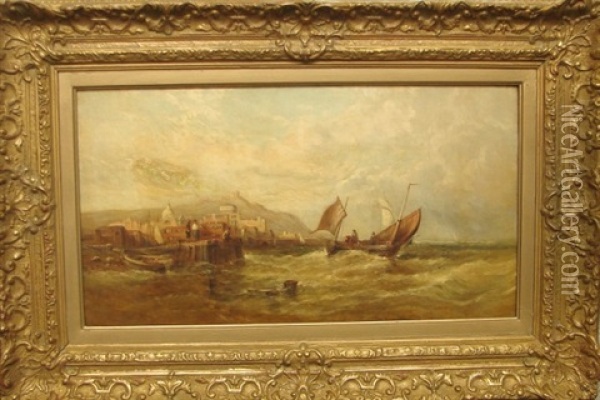 Seascape With Boats By Dock Oil Painting - Alfred Pollentine