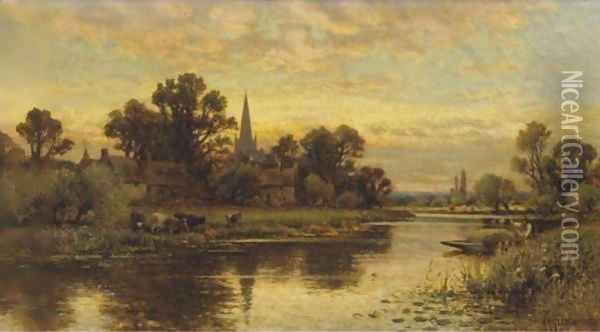 Landscape With Cattle Watering By A Stream Oil Painting - Alfred Glendening