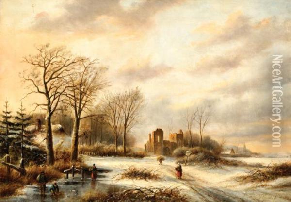 Winter Lanscape With Figureson The Ice And A Ruin In The Background Oil Painting - Jan Jacob Coenraad Spohler