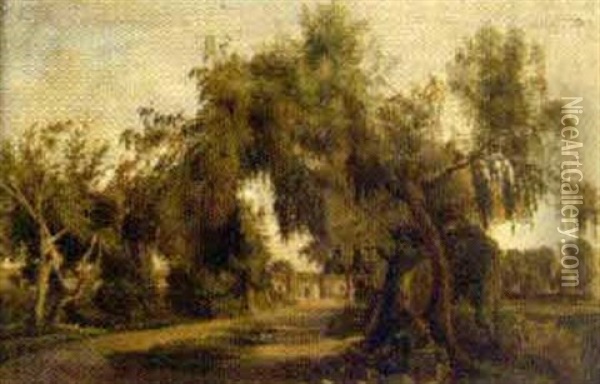 Camino Con Pirules (entrada De Hacienda) Oil Painting - Eugenio Landesio