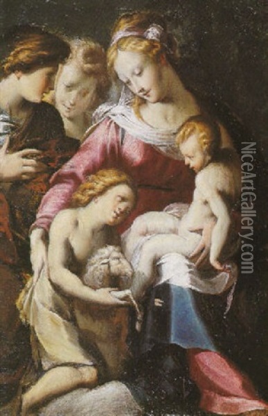 Madonna Mit Christuskind Und Johannesknaben Oil Painting - Michelangelo Anselmi