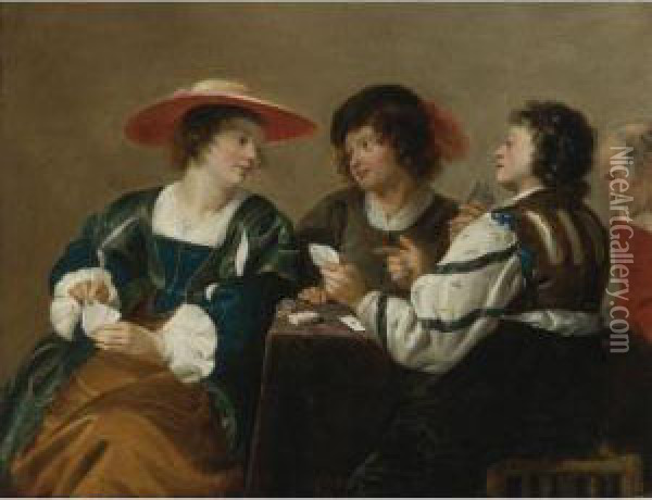 A Woman And Three Men Seated Around A Table Playing Cards Oil Painting - Salomon Rombouts