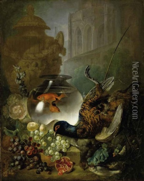 Grapes, Pomegranates, Game, Fish, Goldfish In A Bowl, A Classical Urn, With A Gothic Building Beyond Oil Painting - Jan van Os