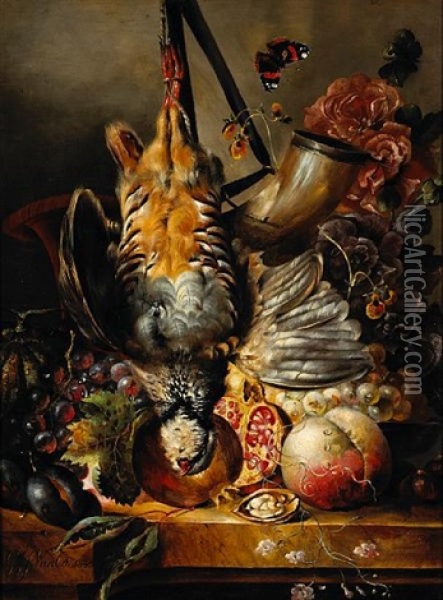 A Still Life With A Dead Partridge, Fruit And Flowers Oil Painting - Georgius Jacobus Johannes van (the Younger) Os