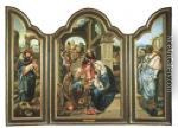 A Triptych: The Central Panel The Adoration Of The Magi Oil Painting - Pieter Coecke Van Aelst