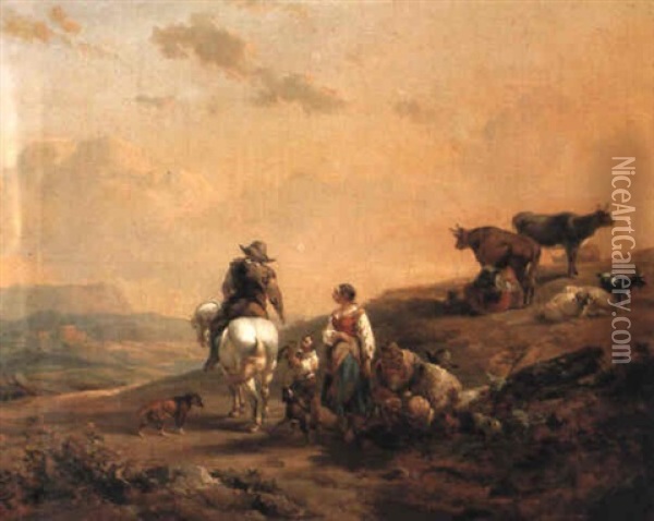 An Italianate Landscape With A Horseman Passing Peasants By A Track Oil Painting - Hendrick Mommers