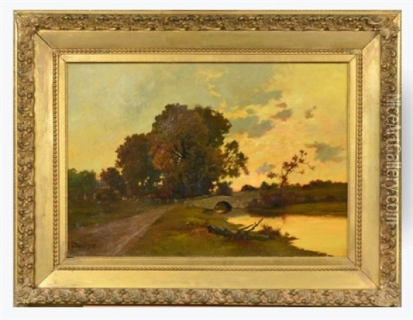 Untitled, Landscape With Lake And Bridge Oil Painting - Charles Francois Daubigny