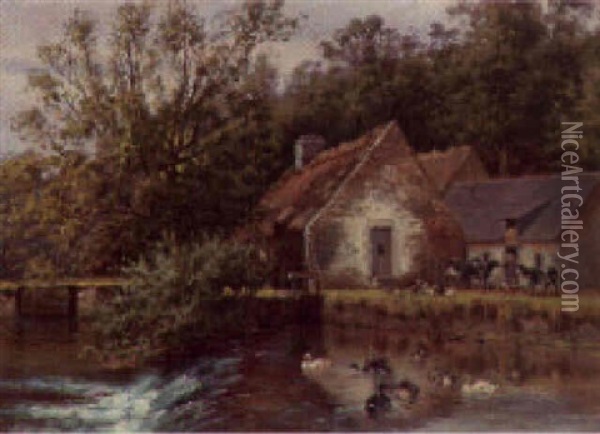 Ducks On A River Before A Watermill Oil Painting - William Baptiste Baird