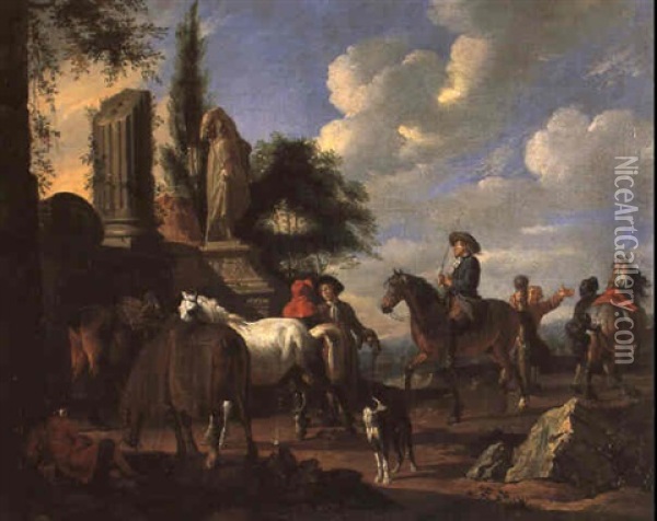 Une Lecon D'equitation Pres De Ruines Antiques Oil Painting - Pieter van Bloemen