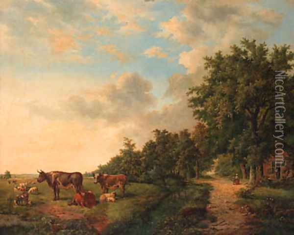 A wooded summer landscape with cattle in a meadow along a ditch Oil Painting - Everardus Benedictus Gregorius Mirani
