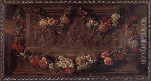 A Garland Of Flowers Adorning A Classical Frieze Oil Painting - Pieter Casteels III