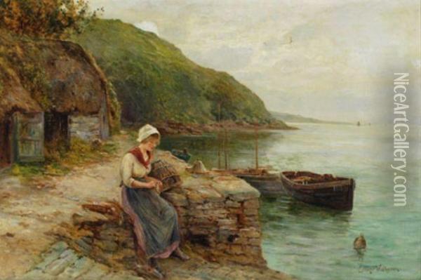 Fishergirl Knitting On Shore Oil Painting - Ernst Walbourn
