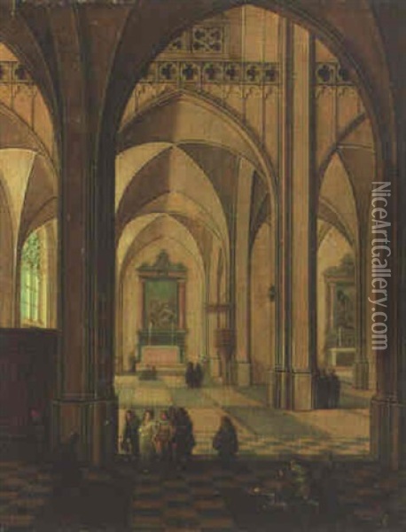 The Transept Of A Gothic Cathedral With Worshippers And Beggars Oil Painting - Peeter Neeffs the Elder