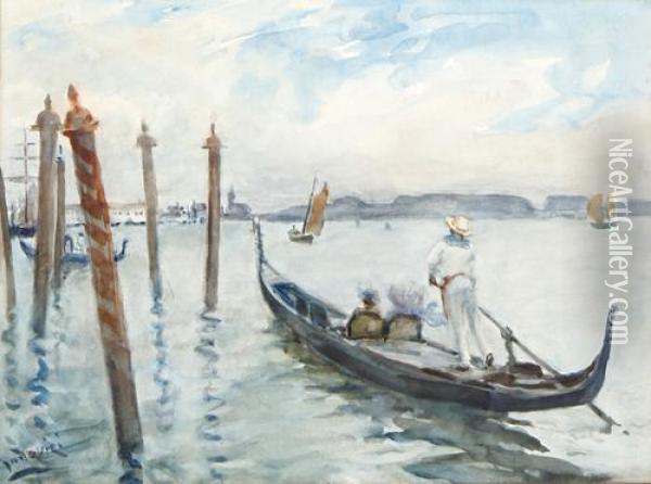 A Gondolier On The Lagoon, Venice Oil Painting - Albert Ludovici