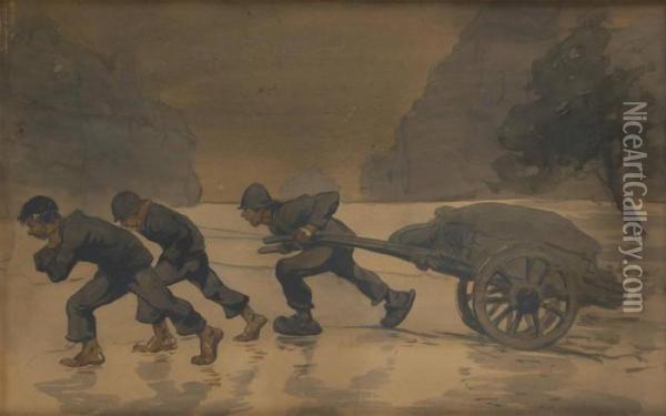 Trois Enfants Au Chariot En Hiver Oil Painting - Alfred Ost