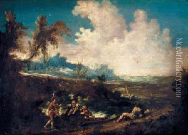 A River Landscape With Four Figures Resting Beside A Road Oil Painting - Antonio Francesco Peruzzini