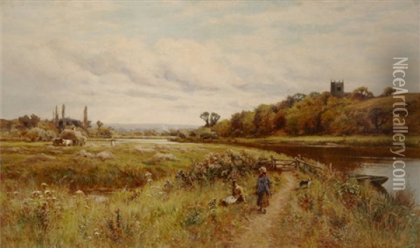 A View Of Belaugh On The Bure, Norfolk Oil Painting - Alfred Augustus Glendening Sr.