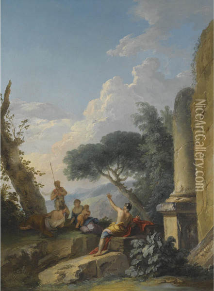 A Landscape With Figures Resting Beside Classical Ruins Oil Painting - Andrea Locatelli