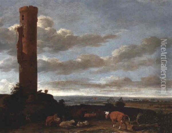 A Shepherd With Cattle And Sheep By A Tower In An Extensive Landscape Oil Painting - Anthonie Van Borssom