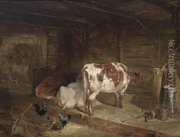 Cattle And Chickens In A Barn Oil Painting - John Frederick Herring Snr