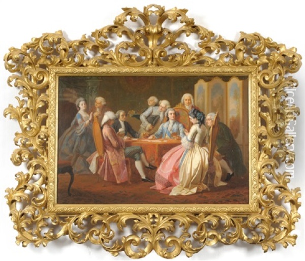 Interior Scene With Elegantly Dressed Ladies And Gentlemen Playing Cards Oil Painting - Gennaro Guglielmi