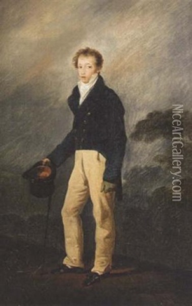 Portrait Of A Young Man Standing, Holding A Hat And Cane Oil Painting - Francois-Joseph Heim