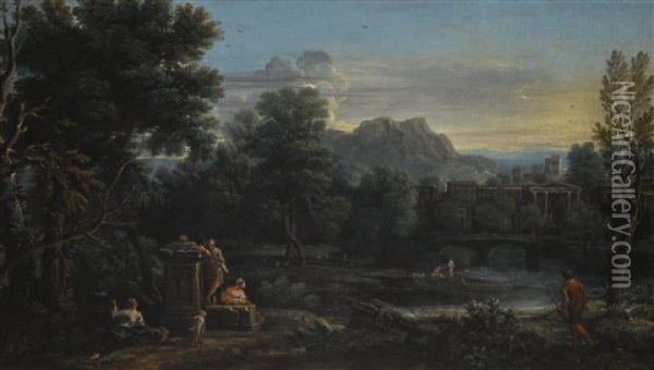 A Wooded Classical Landscape With Figures Resting In The Foreground And Bathing In The River, A Town Beyond Oil Painting - John Wootton