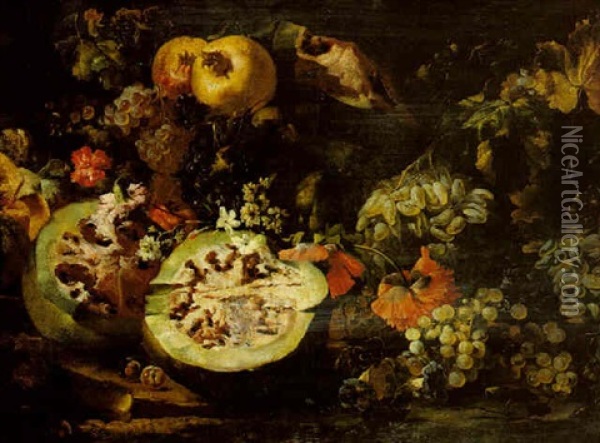 Still Life Of Watermelons, Grapes, Pomegranates, Carnations And Other Flowers Oil Painting - Abraham Brueghel