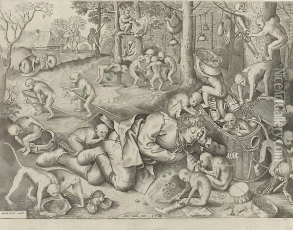 The Sleeping Peddler, Surrounded By Monkeys, Who Are Playing With His Goods Oil Painting - Pieter The Elder Brueghel