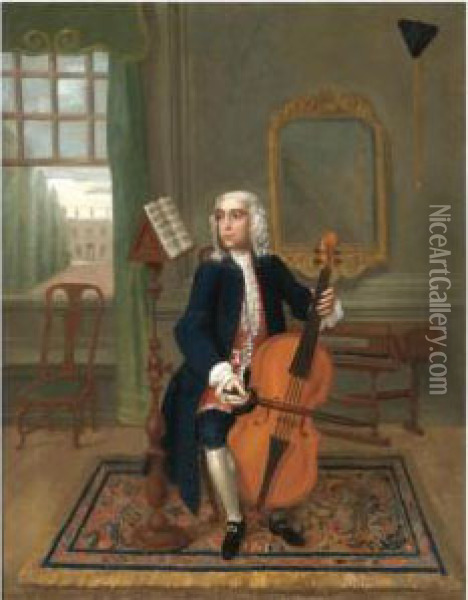 Portrait Of A Gentleman, Full Length, Seated Playing A Cello, A Spinet Behind Oil Painting - Charles Philips