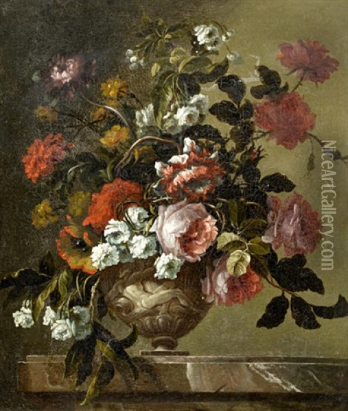 Roses, Chrysanthemums, Poppies And Other Flowers In A Stone Urn On A Marble Ledge Oil Painting - Jaques-Charles Dutillieu