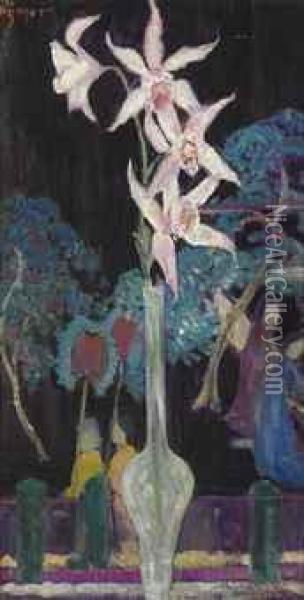 Orchids With Oriental Screen Oil Painting - Dorothea Litzinger