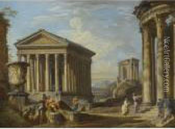 Capriccio Of Classical Ruins With The Maison Carree At Nimes Oil Painting - Giovanni Niccolo Servandoni